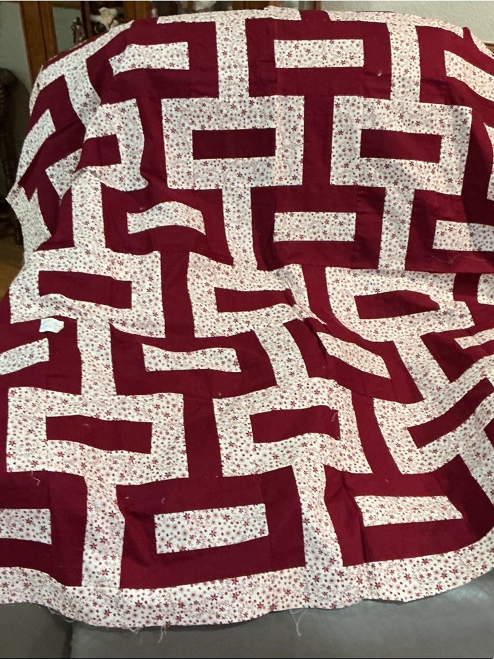 Burgundy and White Patchwork Quilt top only